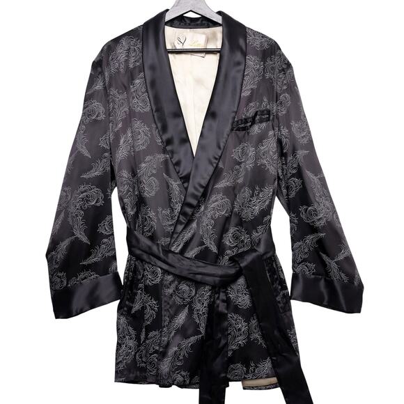 Vintage Lytton's Satin Smoking Jacket Robe Feather Print Belted Lounge Coat - Picture 1 of 7